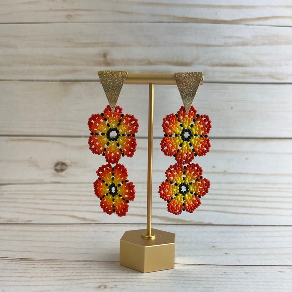 Red & Yellow Boho Flower Dangle Earrings - Seed Bead Floral Dangle Earrings - - Picture 3 of 4